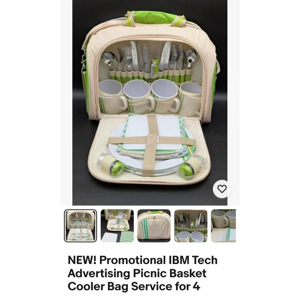 Picnic Bag Pack 4 Person IBM company Hamper Cooler Mugs Plates‎ Cutlery Travel